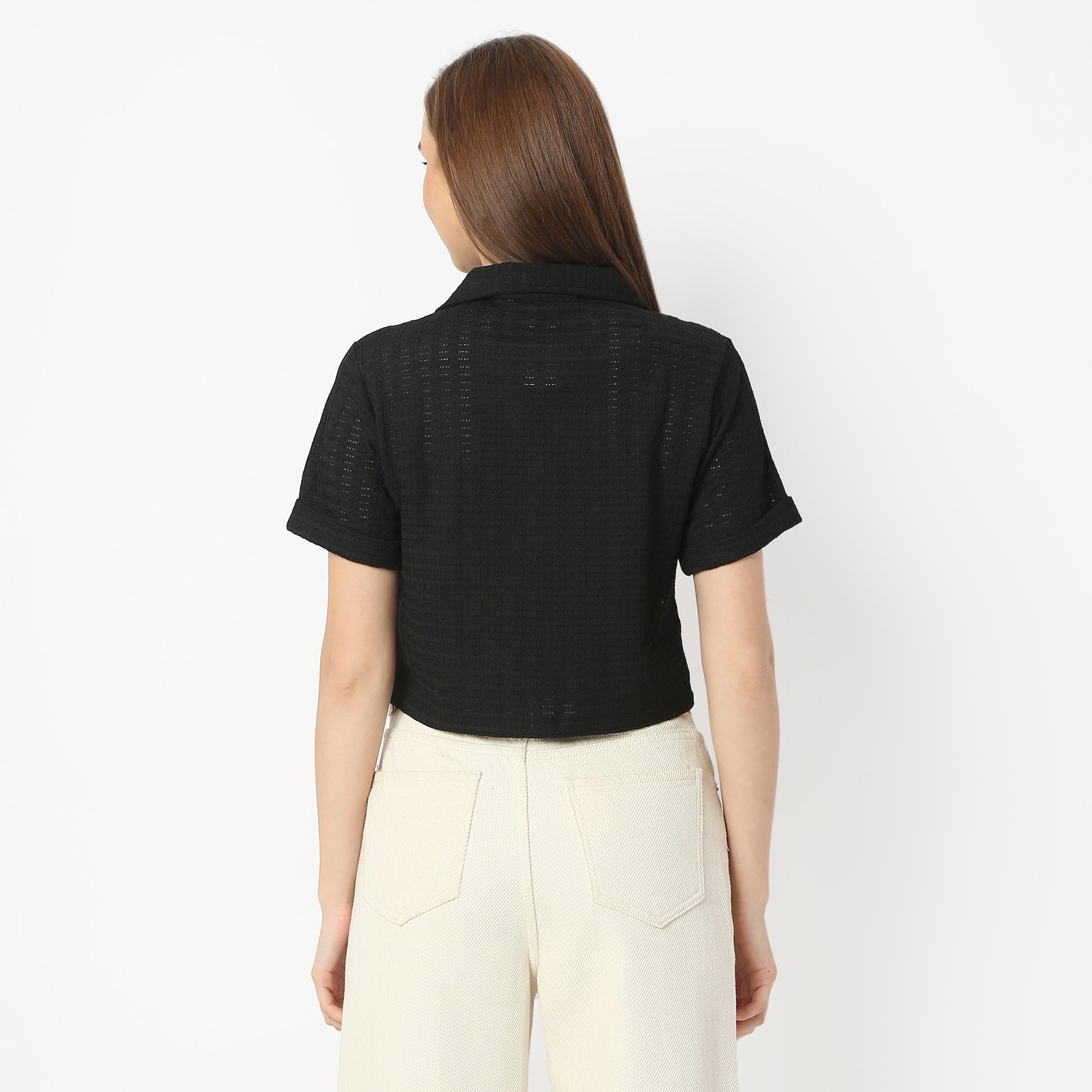 Regular Fit Solid Lapel Collar Cropped Shirt