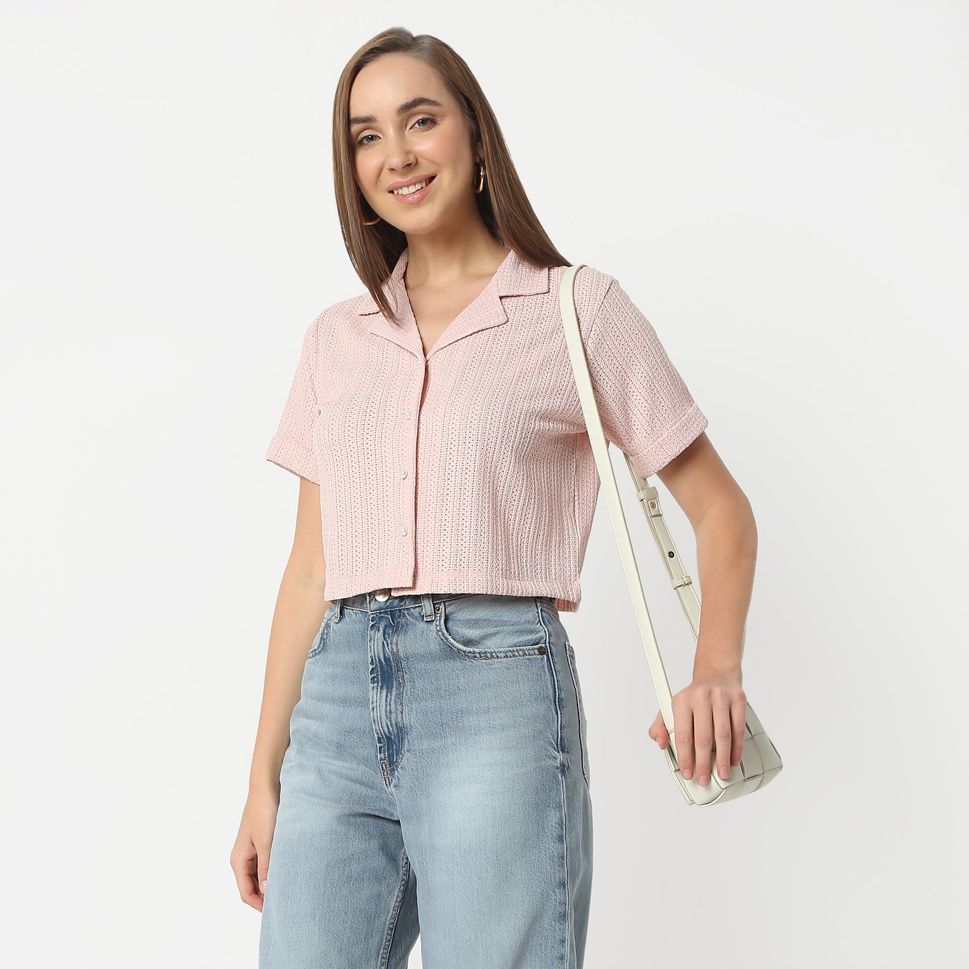 Regular Fit Solid Lapel Collar Cropped Shirt