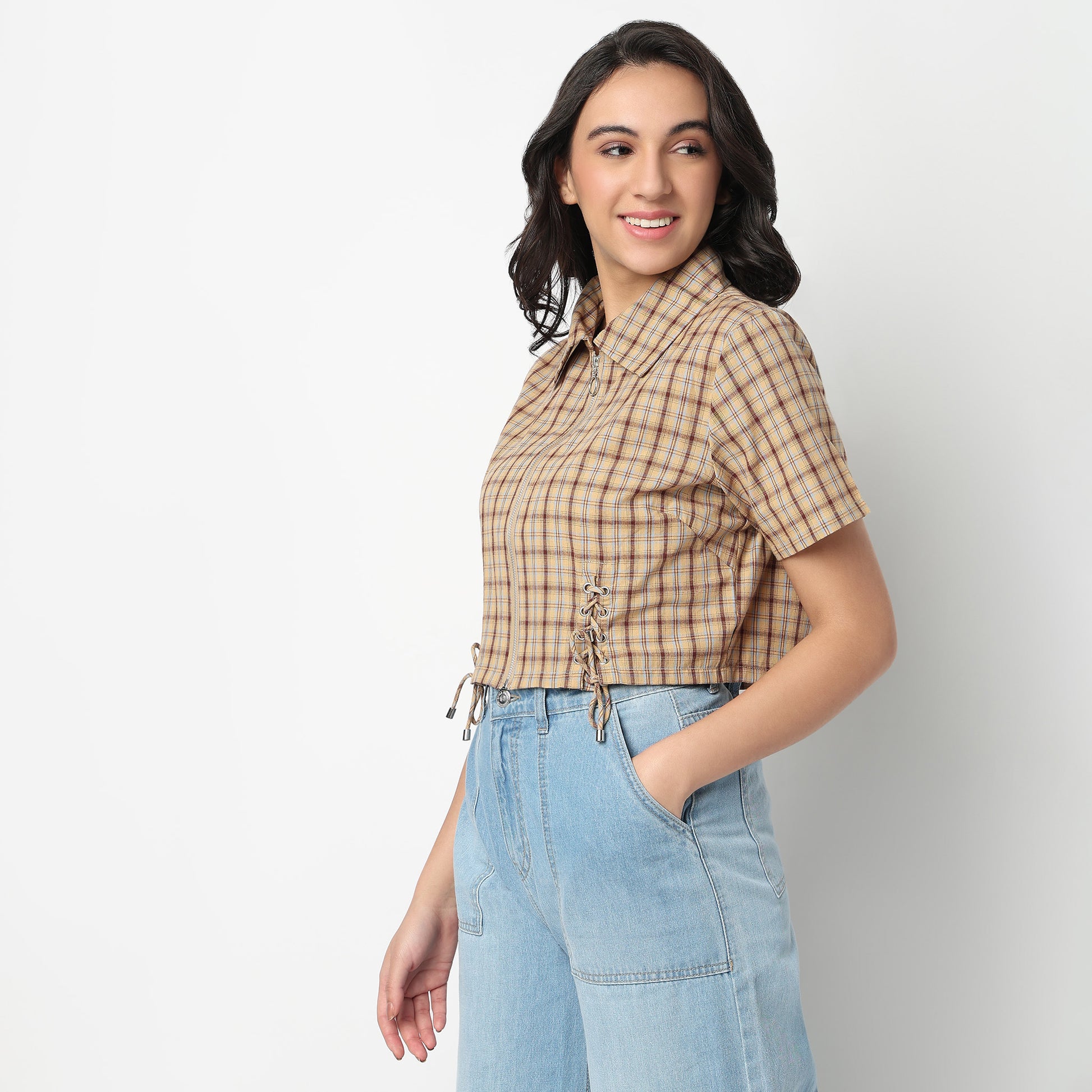 Slim Fit Checkered Cropped Shirt