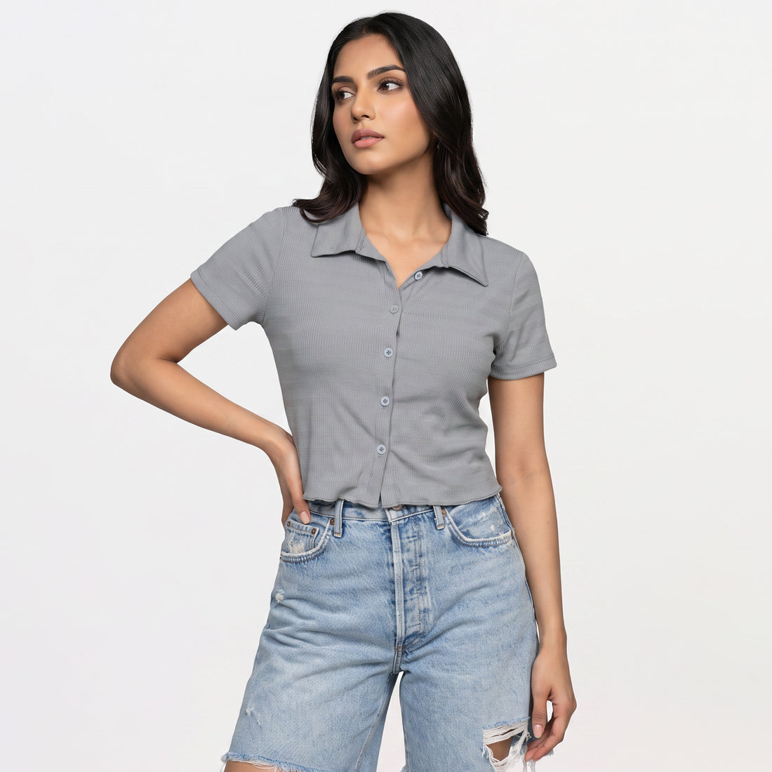 Solid Shirt Collar Slim Shirt