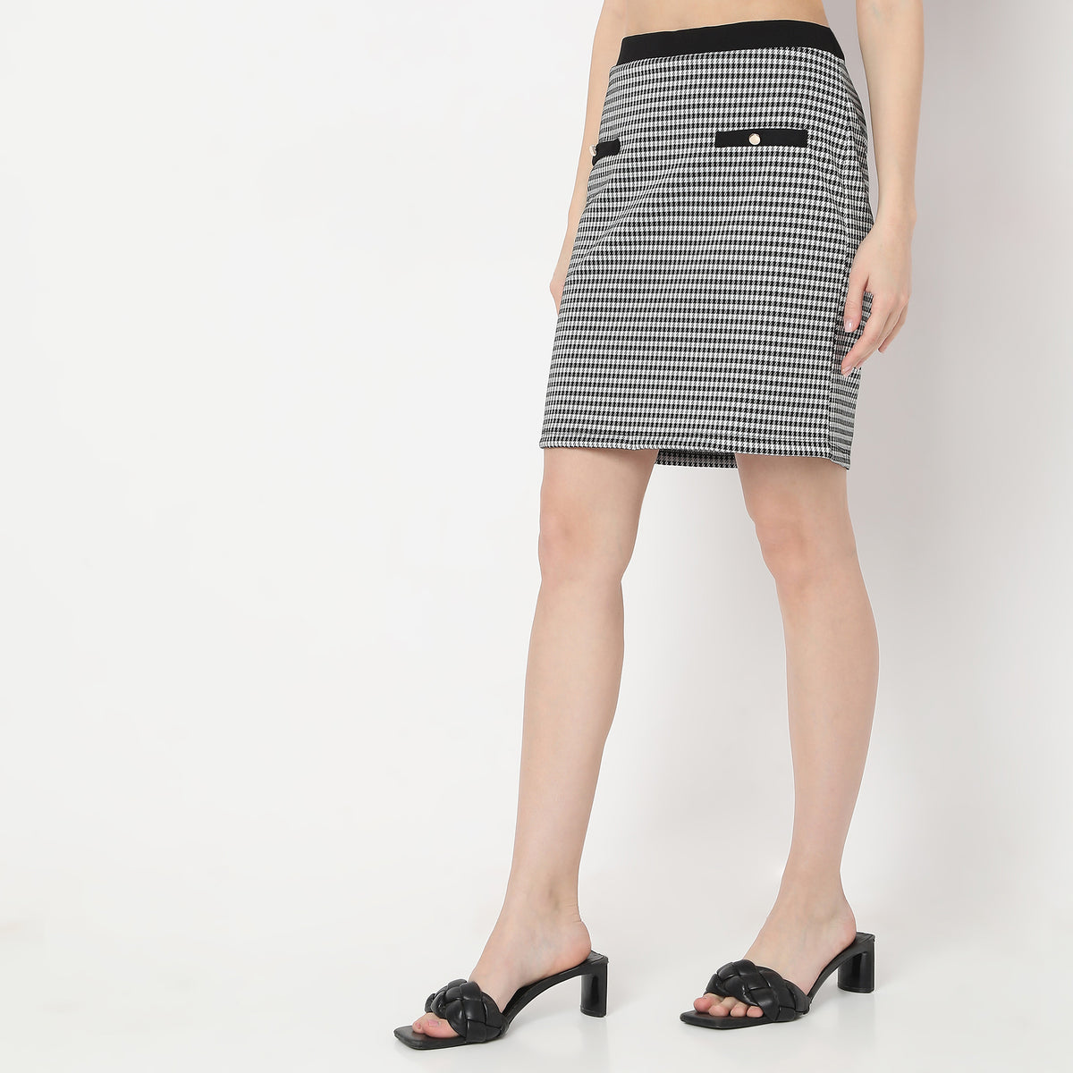 Houndstooth Checkered Above Knee Front Pockets with Button Mini Skirt