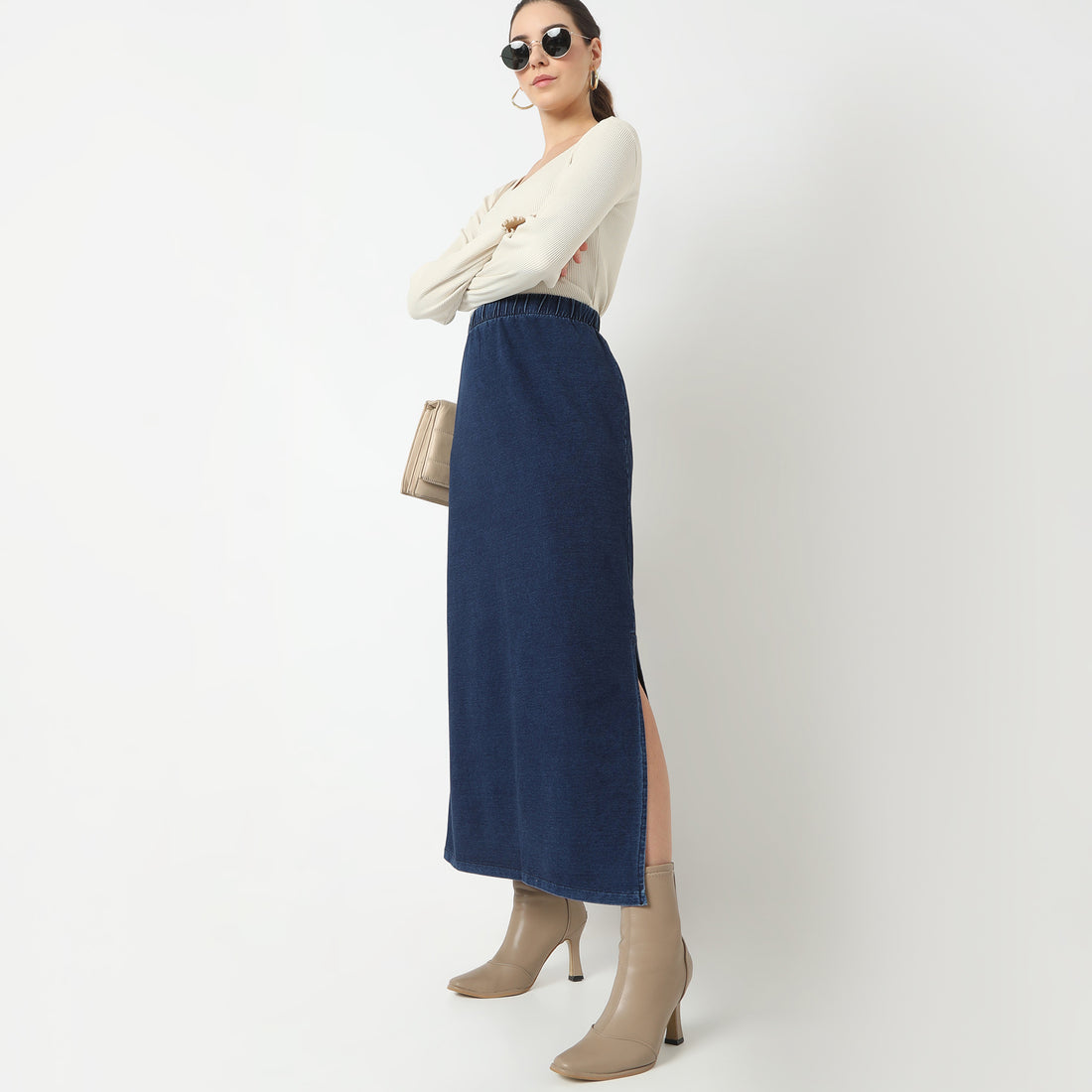 Straight Fit Solid Full Length High Rise Skirt