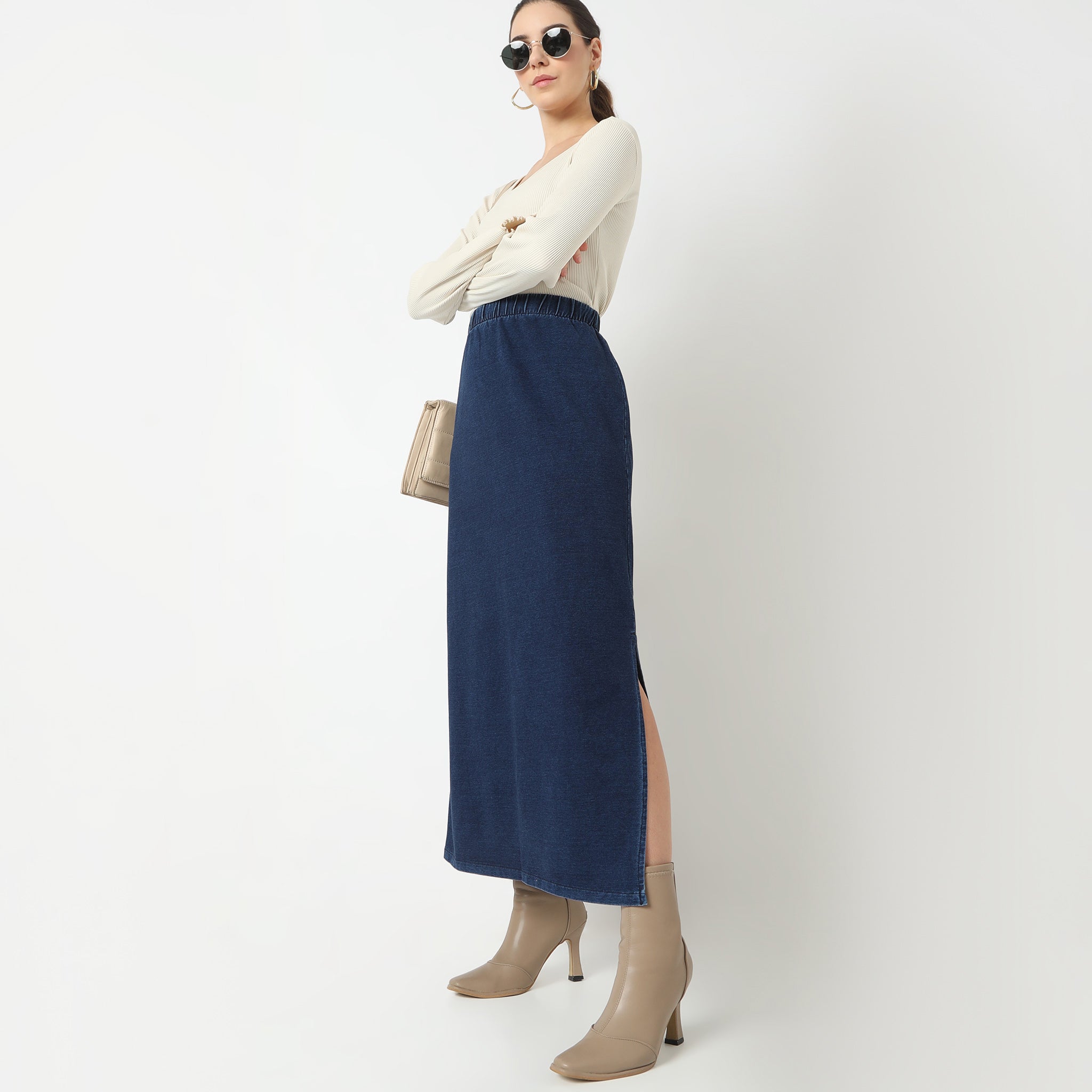 Straight Fit Solid Full Length High Rise Skirt