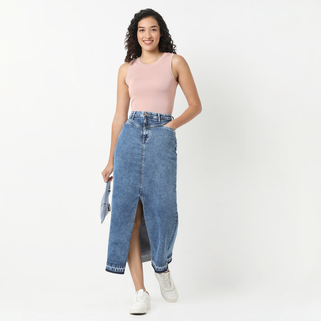 Denim Blue Skirt Streetwear Front Slit High Waist Long Skirts with Open Hem