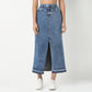 Denim Blue Skirt Streetwear Front Slit High Waist Long Skirts with Open Hem