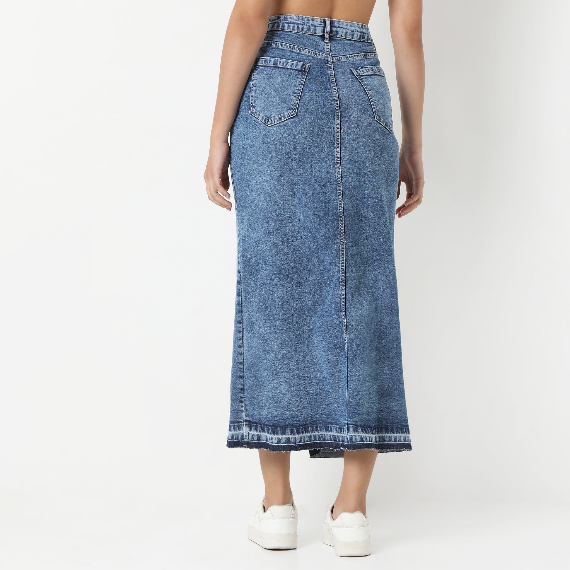 Denim Blue Skirt Streetwear Front Slit High Waist Long Skirts with Open Hem