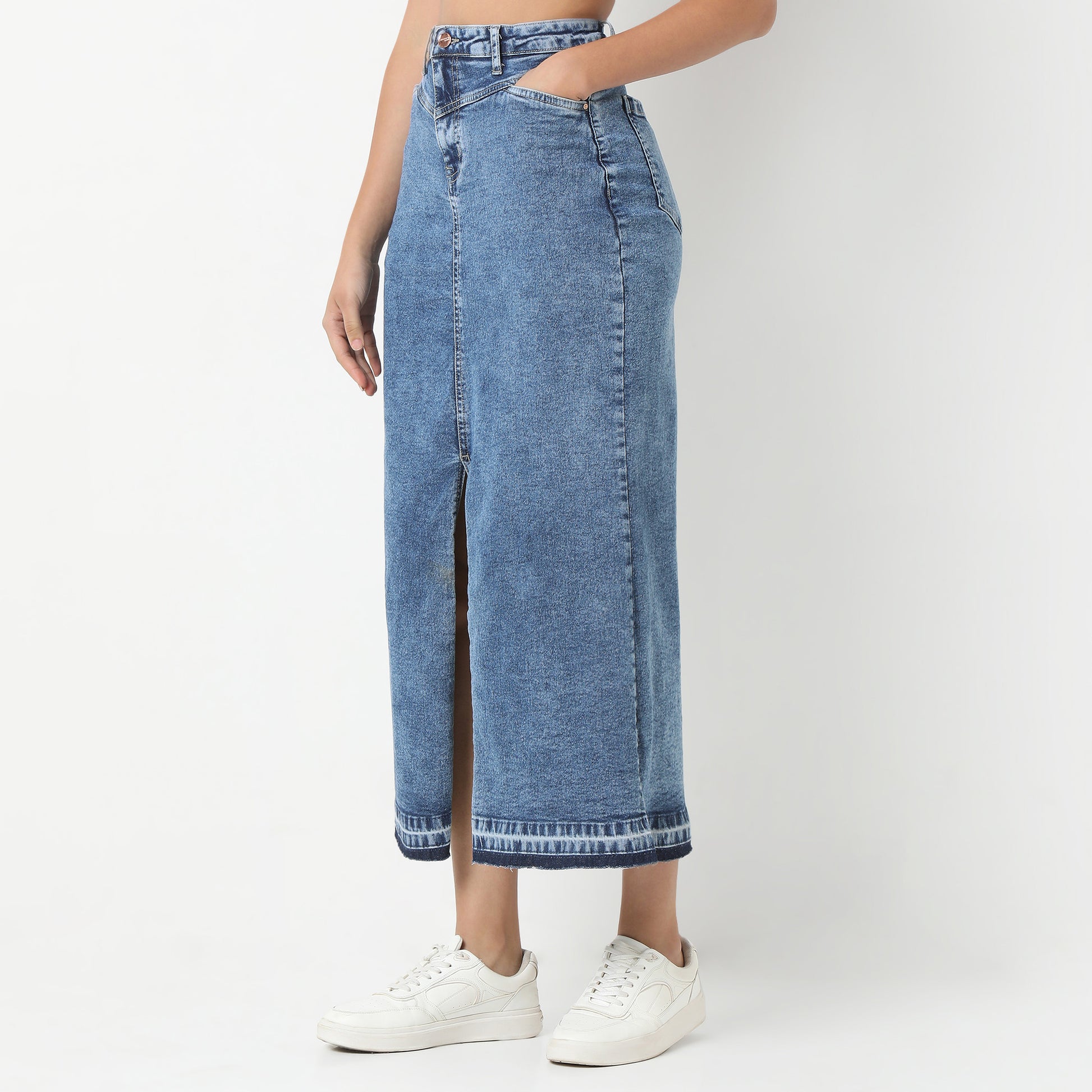 Denim Blue Skirt Streetwear Front Slit High Waist Long Skirts with Open Hem