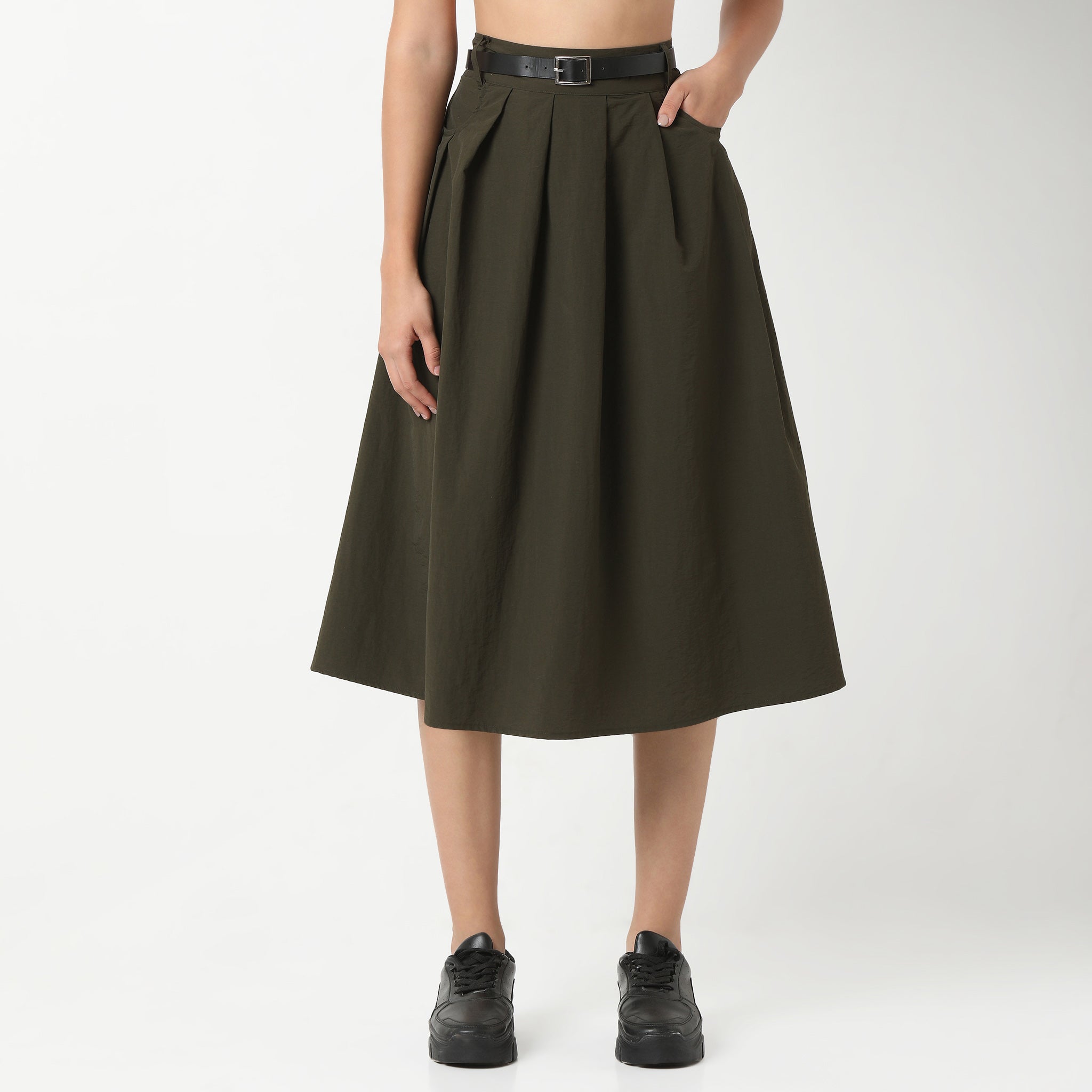 Betty Olive Midi Skirt with Belt Detailing At Waist