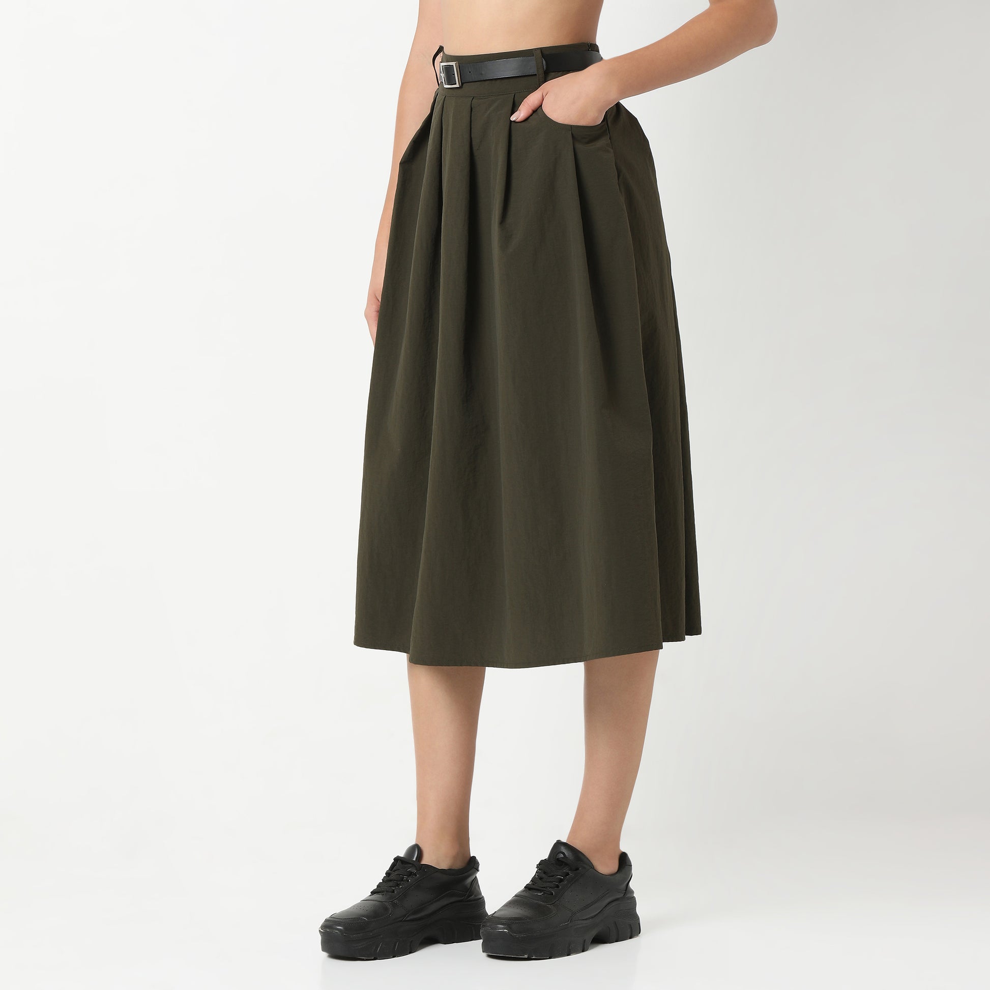 Betty Olive Midi Skirt with Belt Detailing At Waist