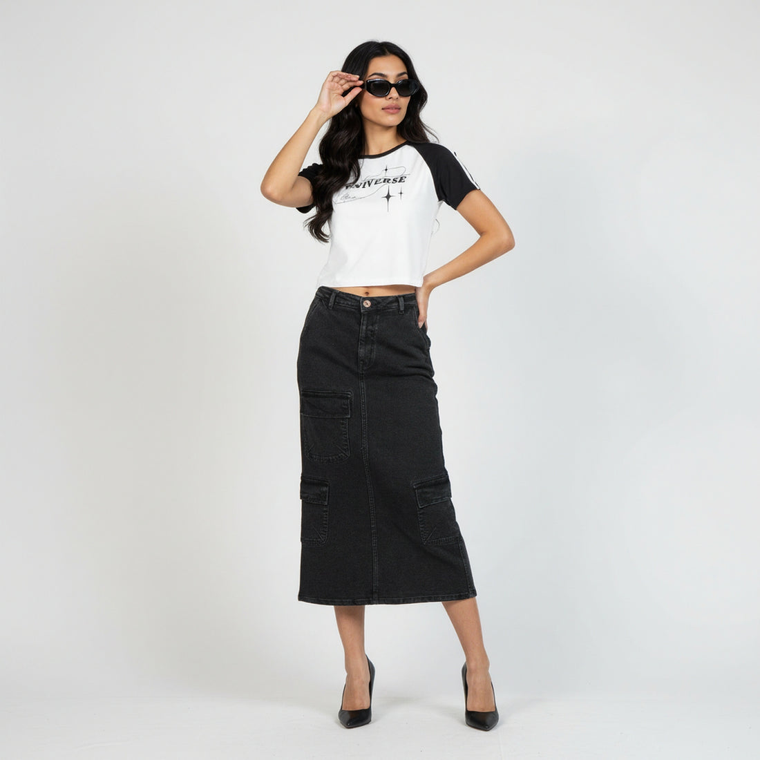 Street Look Long Denim Skirt
