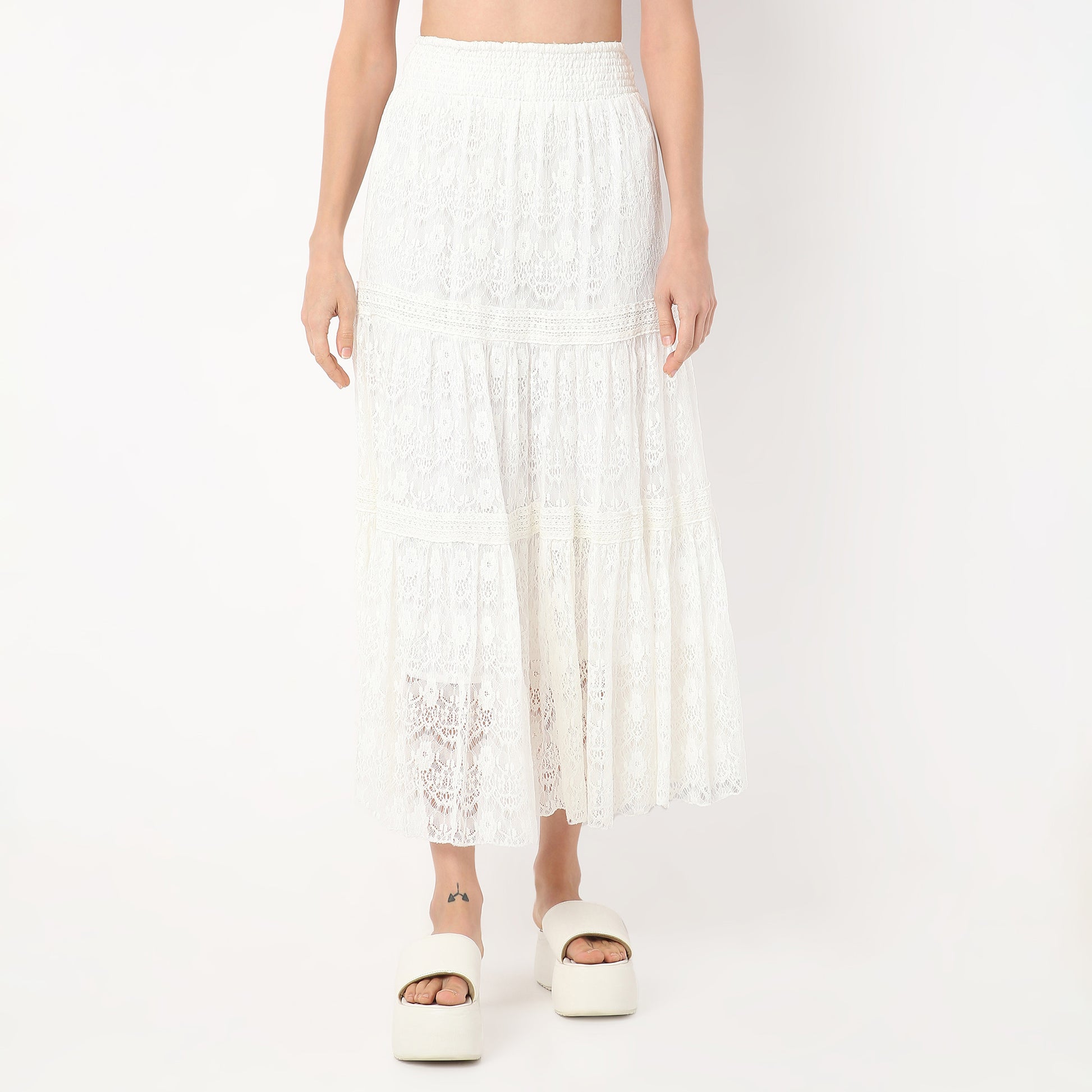 Flare Fit Calf Length High Rise Tiered Long Skirt Made with Comfortable Fabric