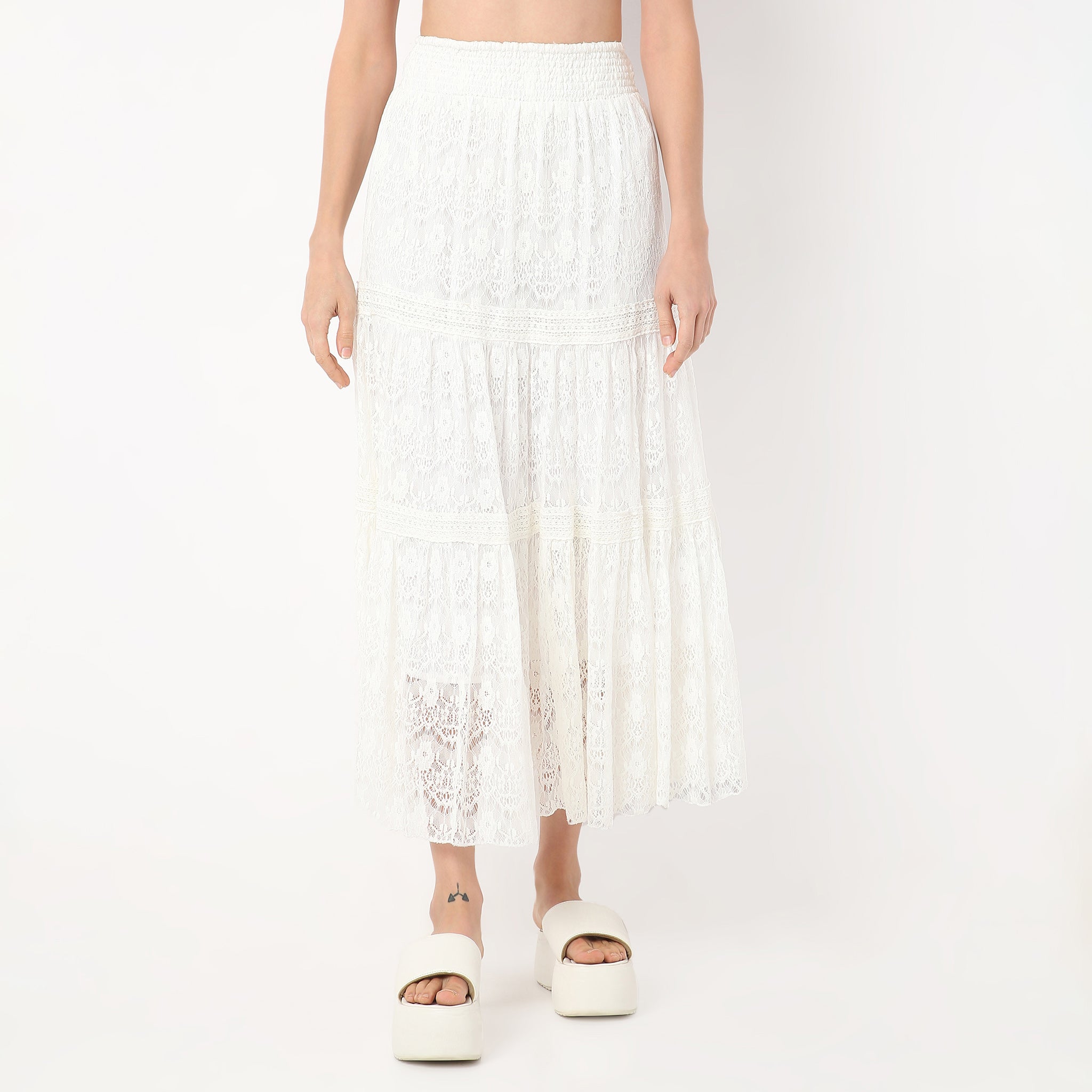 Flare Fit Calf Length High Rise Tiered Long Skirt Made with Comfortable Fabric