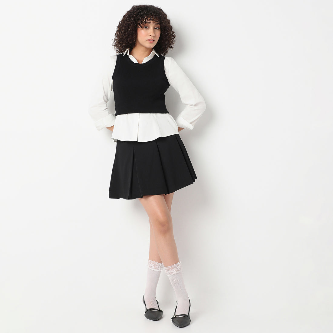 Above Knee High Rise Pleated Flared Skirt