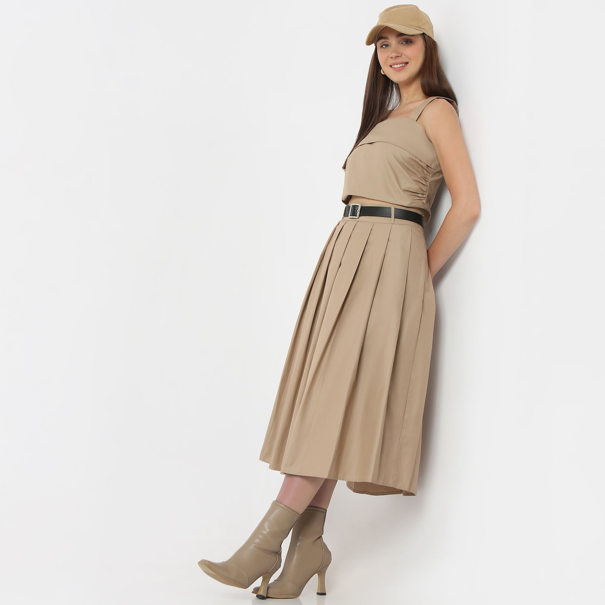 Flare Fit Pleats Calf Length High Rise Midi Skirt With Belt Flare Fit Pleats Calf Length High Rise Midi Skirt With Belt
