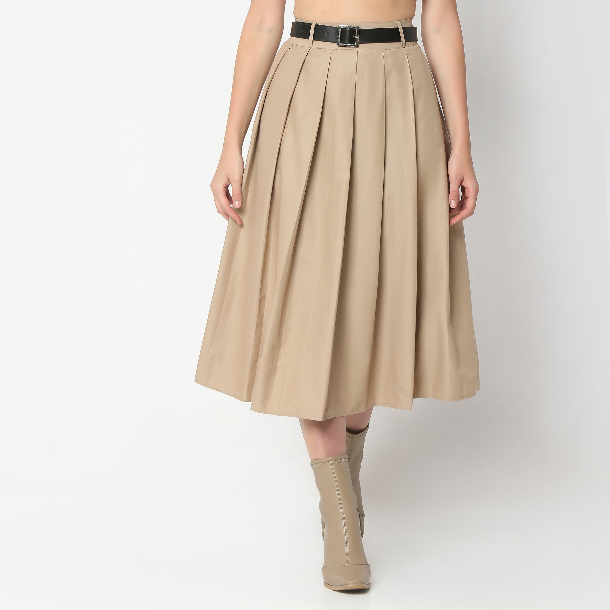 Flare Fit Pleats Calf Length High Rise Skirt