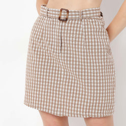 Slim Fit Checkered Above Knee High Rise Skirt