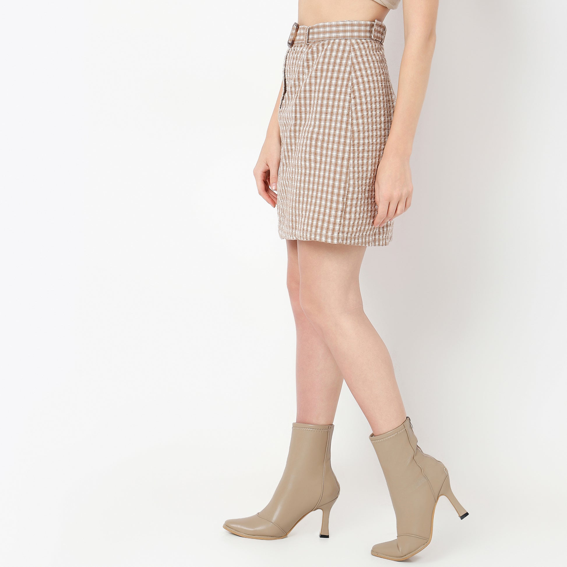 Slim Fit Checkered Above Knee High Rise Skirt