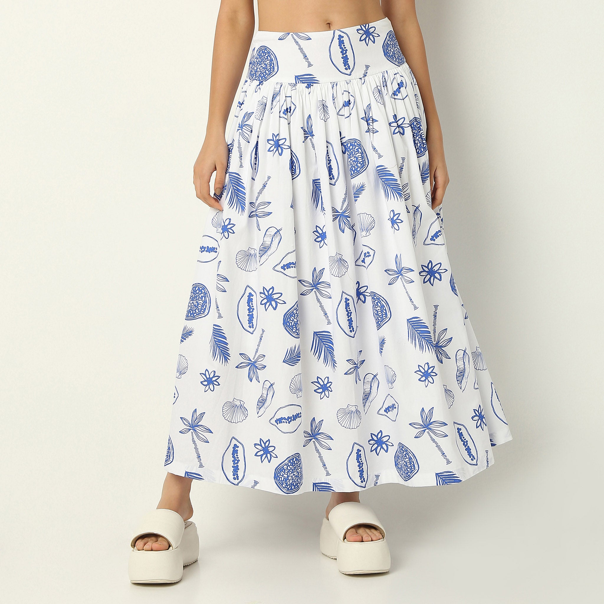 Flare Fit Tropical Print Ankle Length High Rise Skirt
