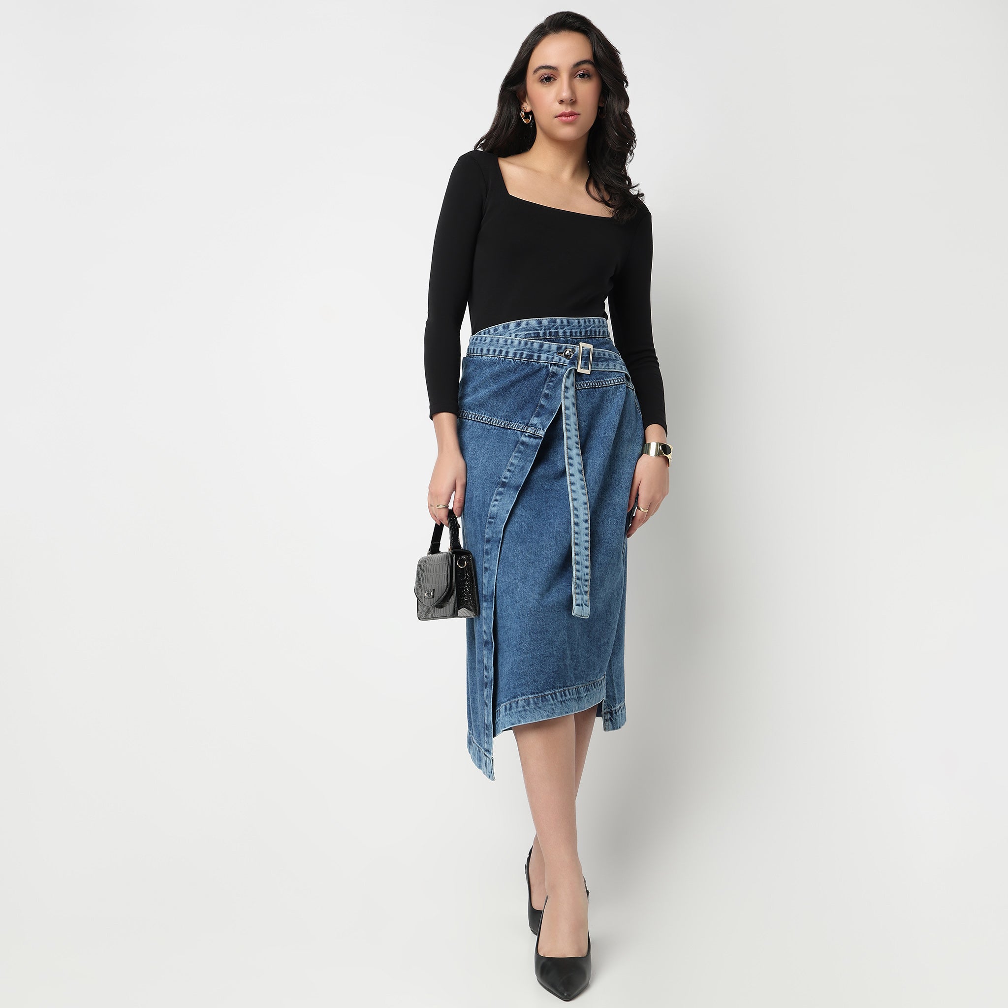 Long Wrap Denim Midi Skirt