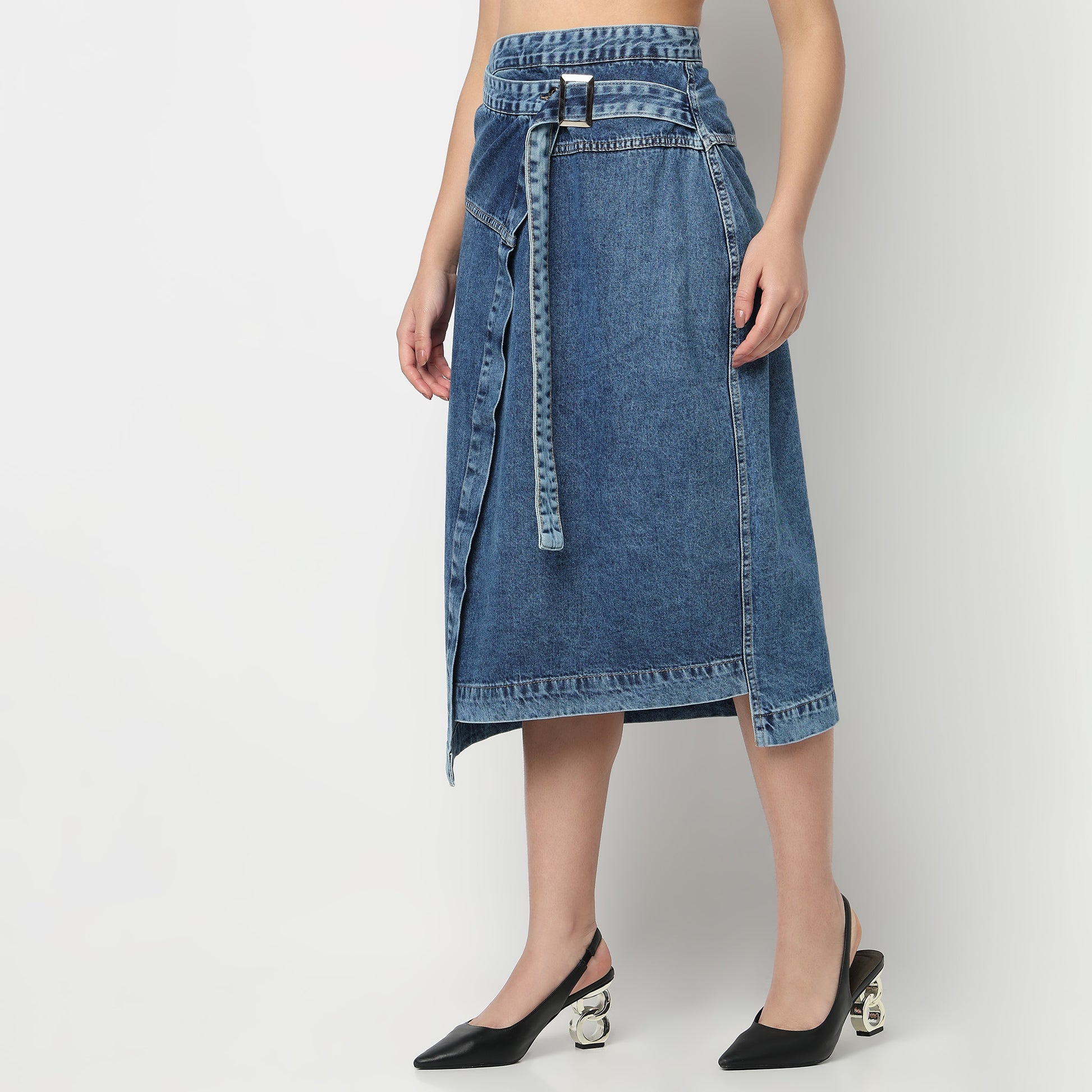 Long Wrap Denim Midi Skirt