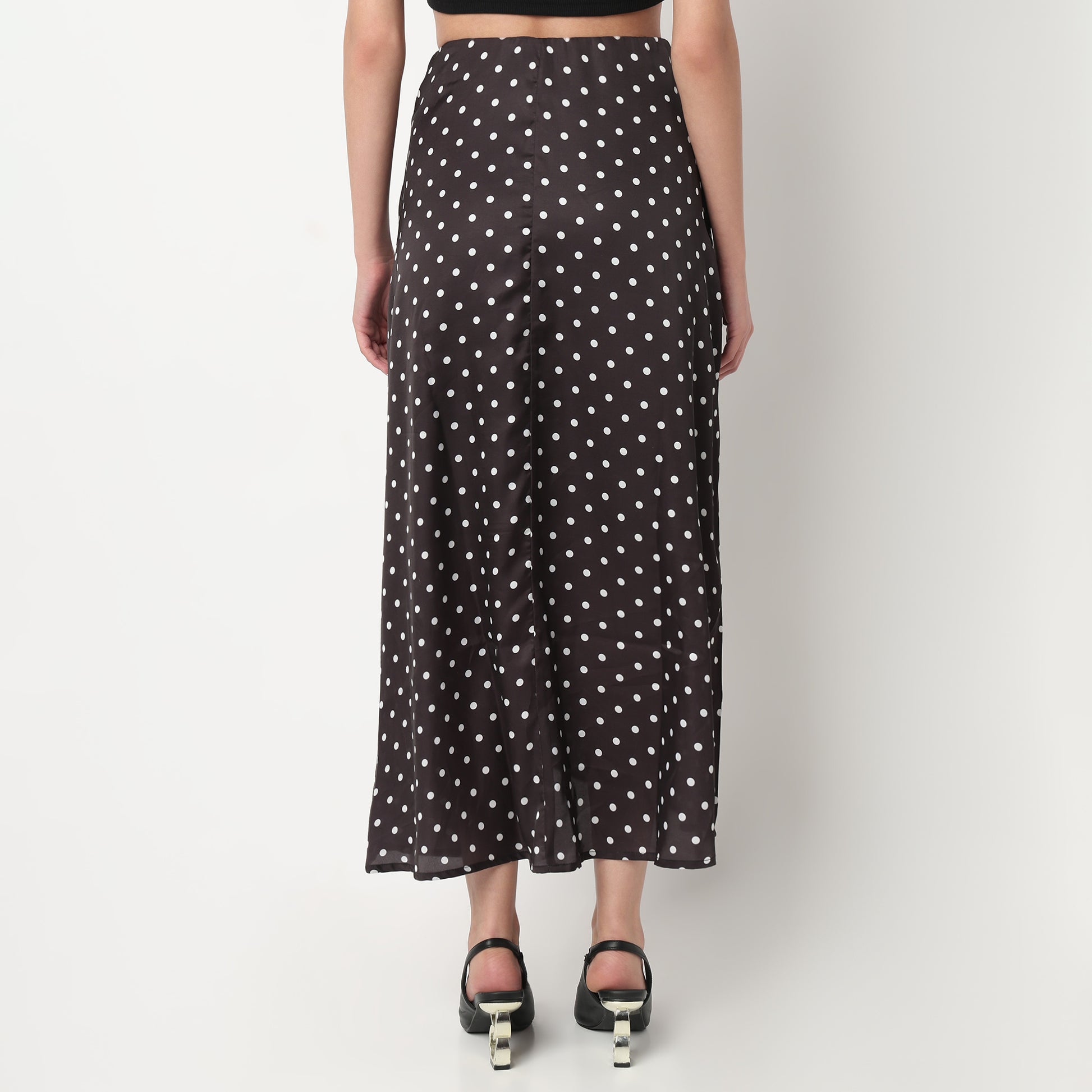 High Rise Midi Skirt With Polka Dot Print