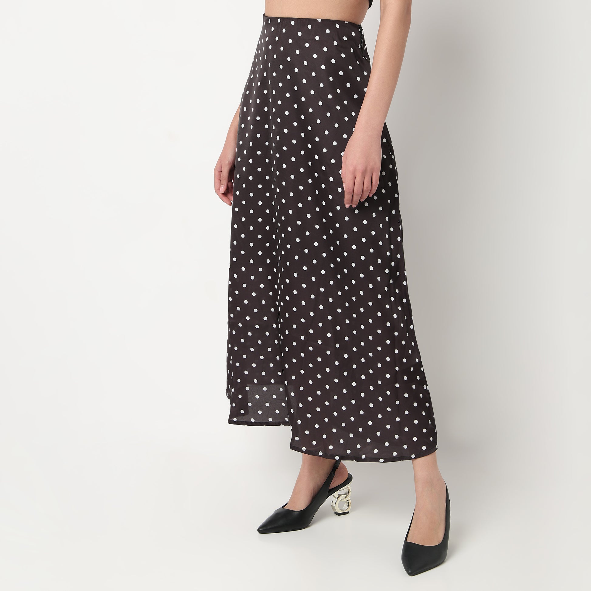 High Rise Midi Skirt With Polka Dot Print