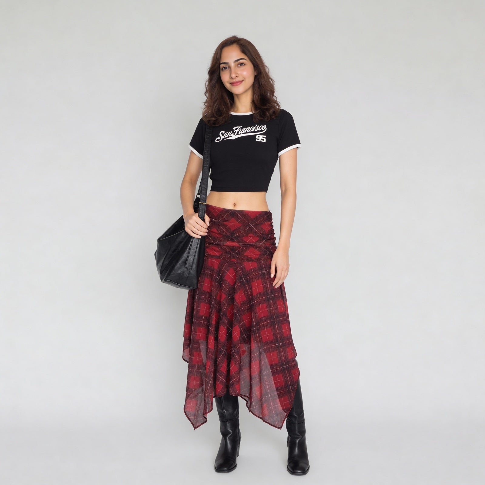 Checkered Ruched Skirt With Handkerchief Hem