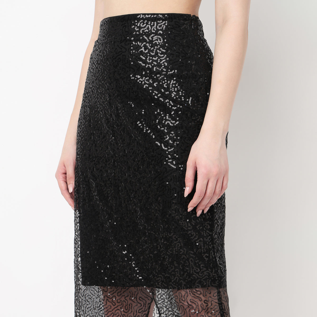 High Rise Half Lined Sequin Midi Skirt