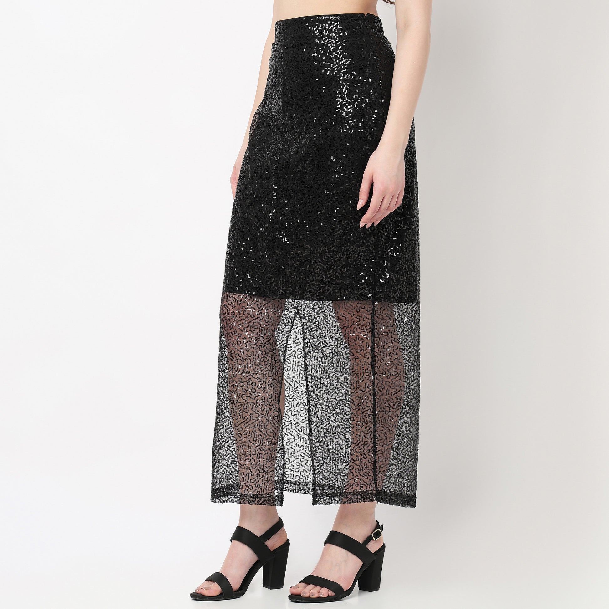 High Rise Half Lined Sequin Midi Skirt