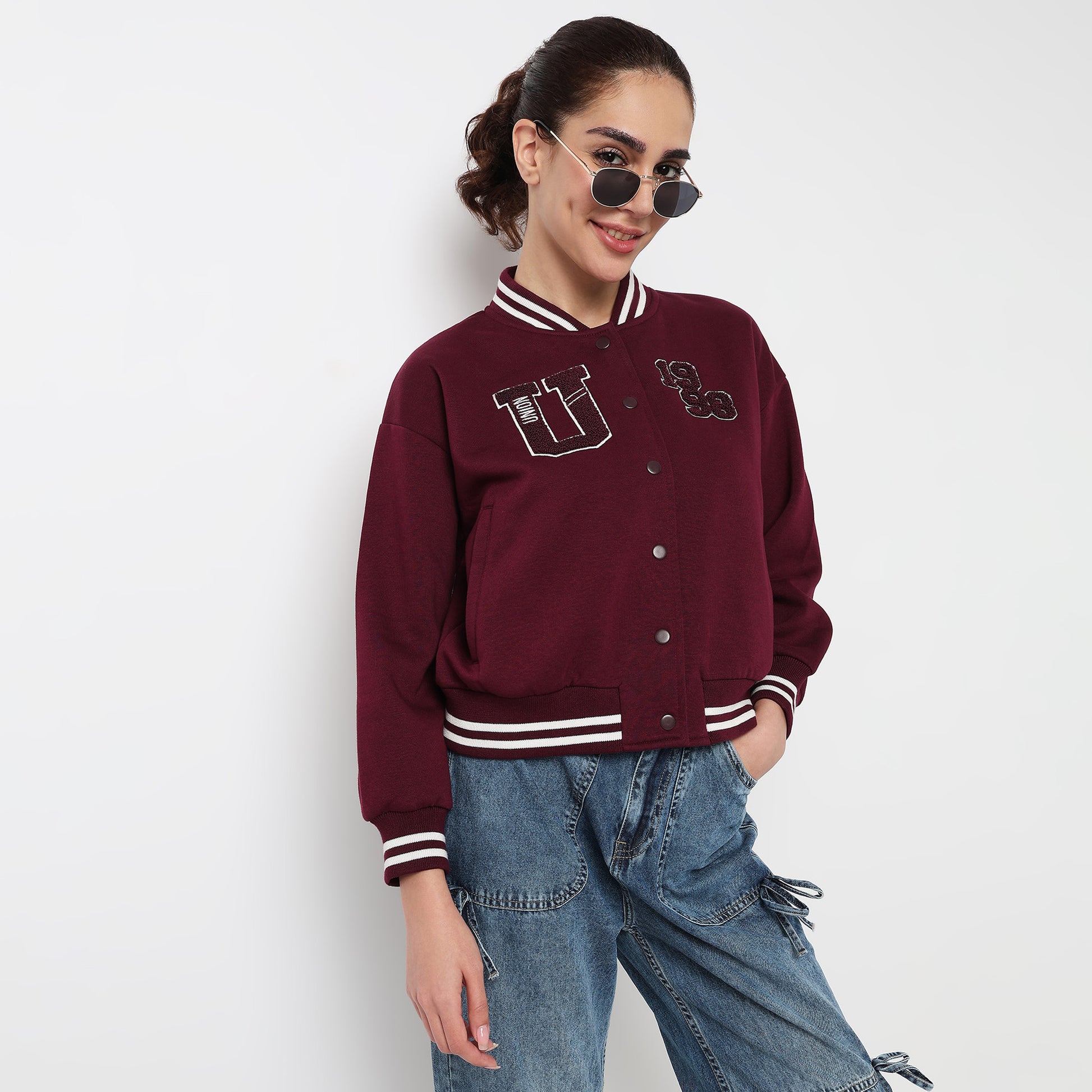 Graphic Band Collar Varsity Sweatshirt