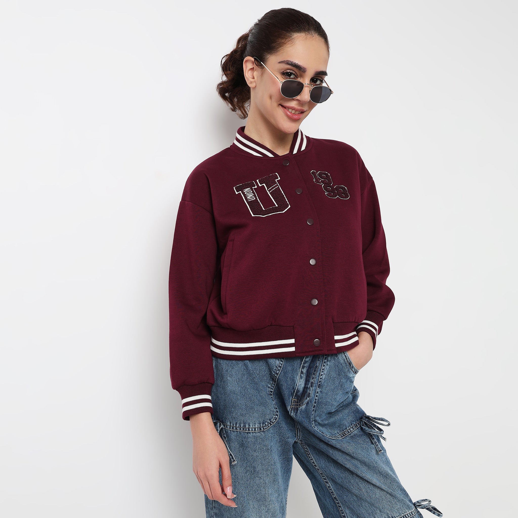 Graphic Band Collar Varsity Sweatshirt