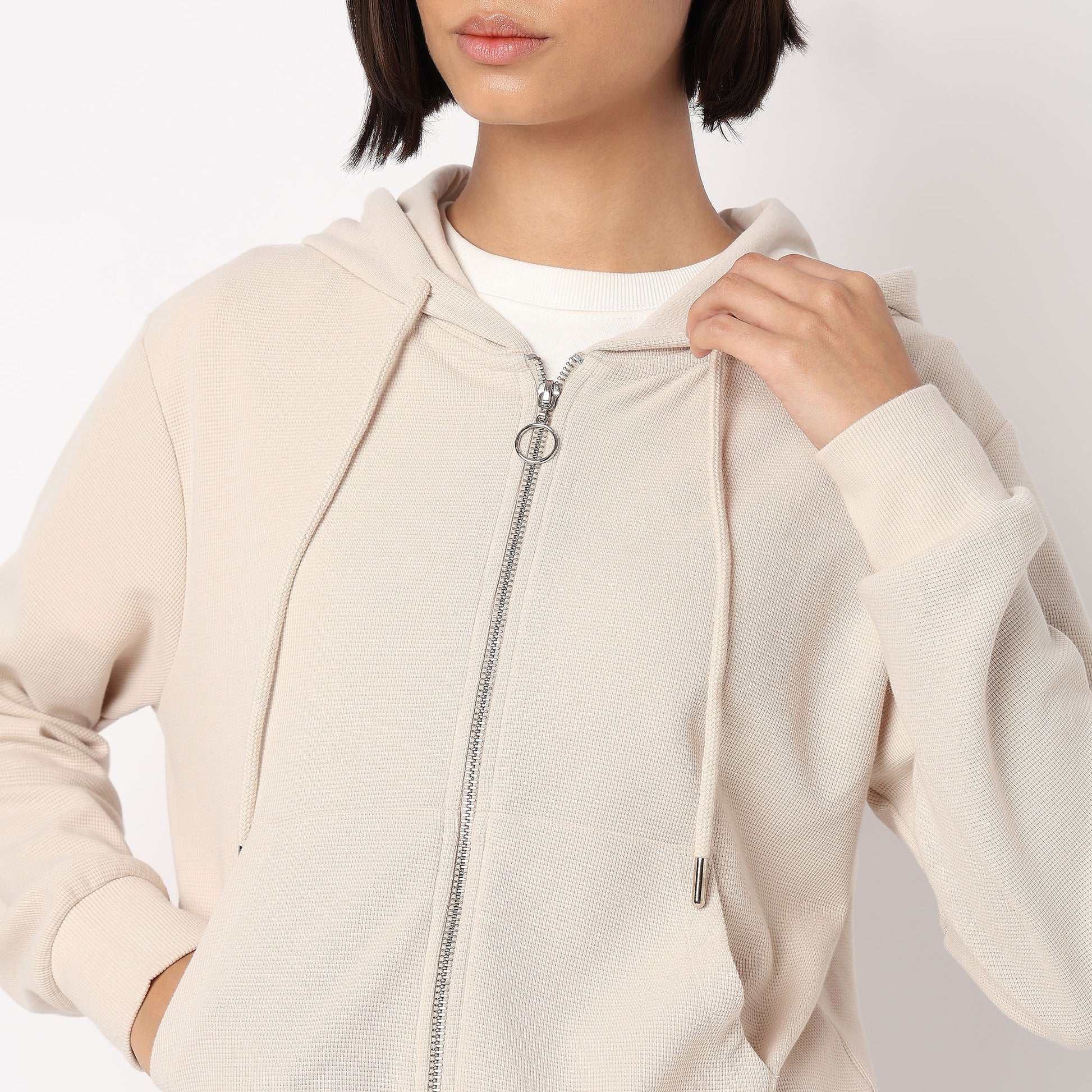 Solid Sweatshirt With Front Zipper Opening
