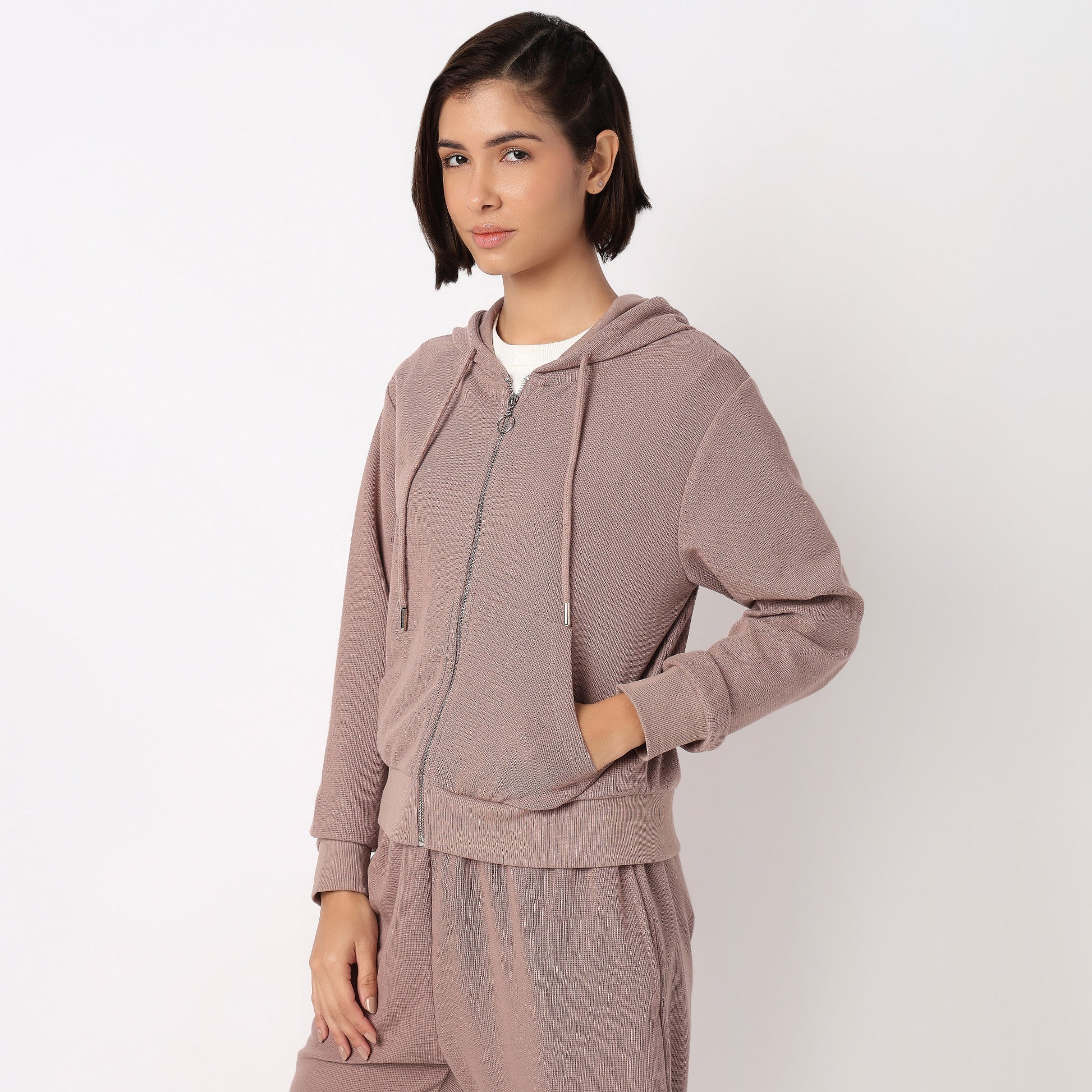 Solid Sweatshirt With Front Zipper Opening