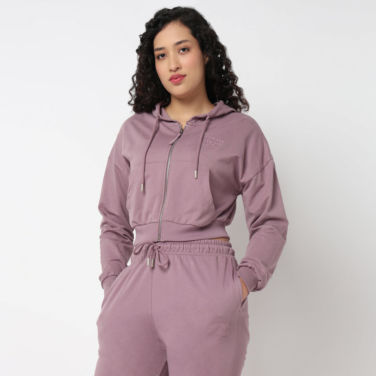 Hoodie Cord Crop Sweatshirt With Kangaroo Pockets