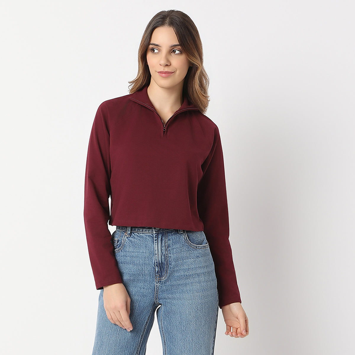 Crop Length Quarter Zip Straight Knit Sweat Tee