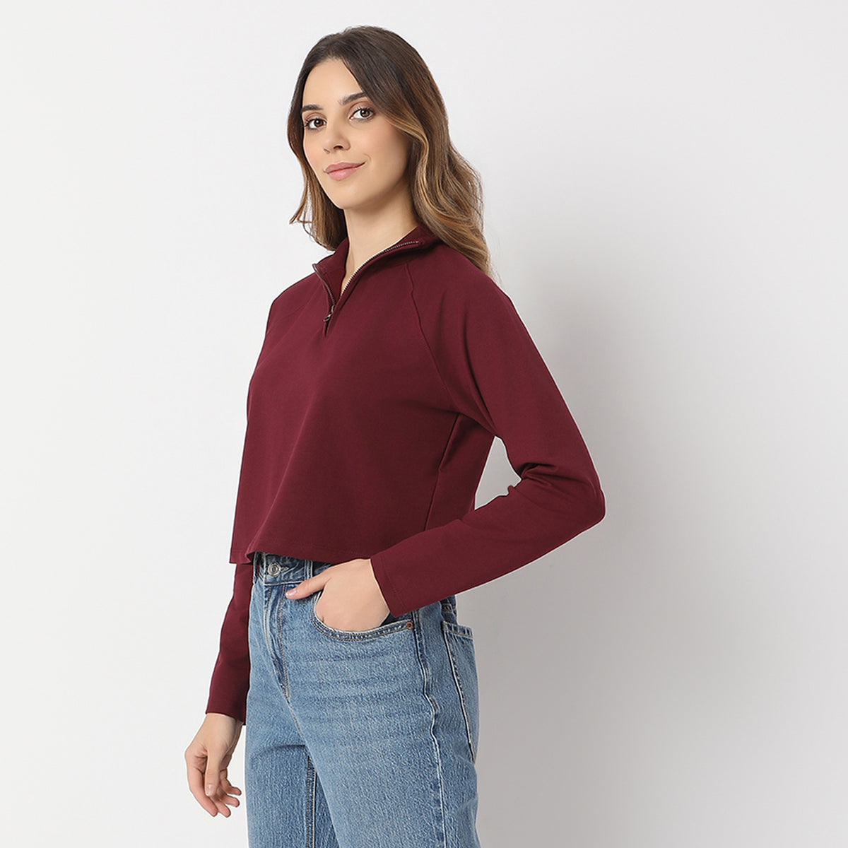 Crop Length Quarter Zip Straight Knit Sweat Tee