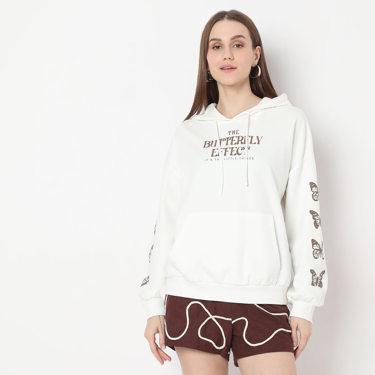 Oversize Printed with Butterfly Print on Sleeve Sweat Tee