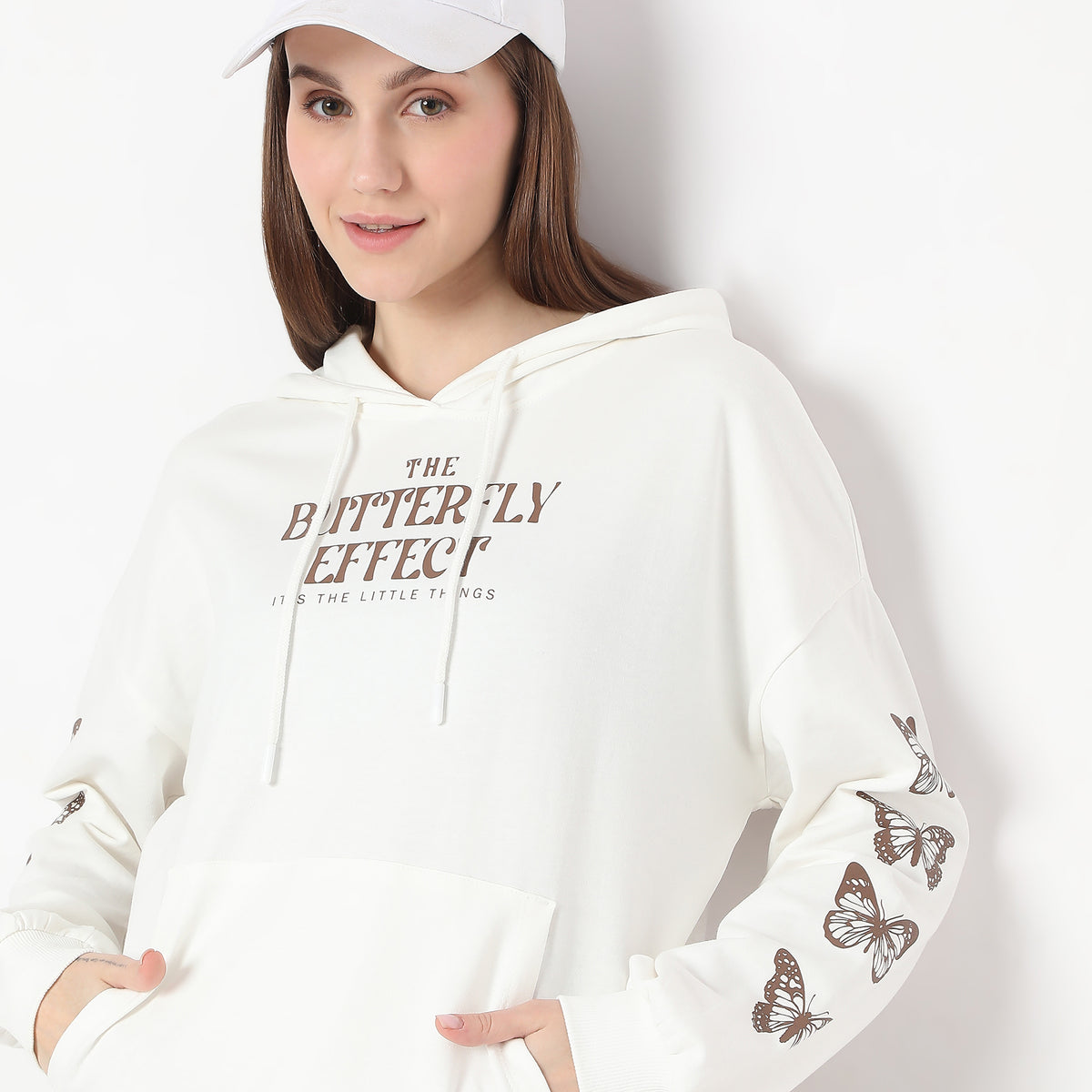 Oversize Printed with Butterfly Print on Sleeve Sweat Tee