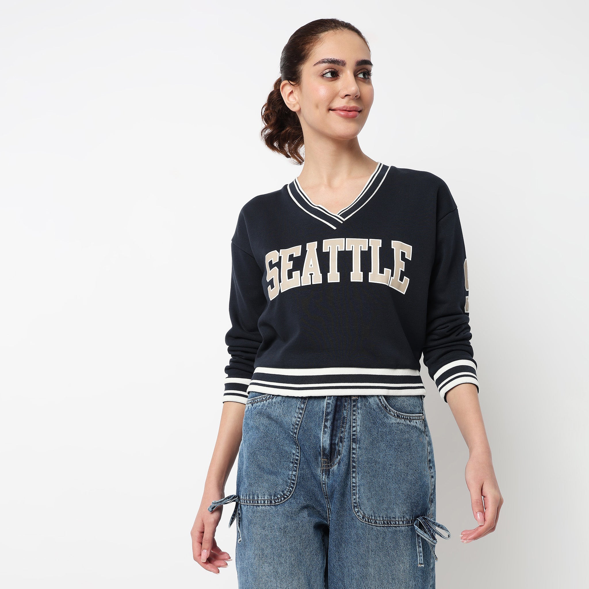 Cotton V-Neck Graphic Sweat Tee