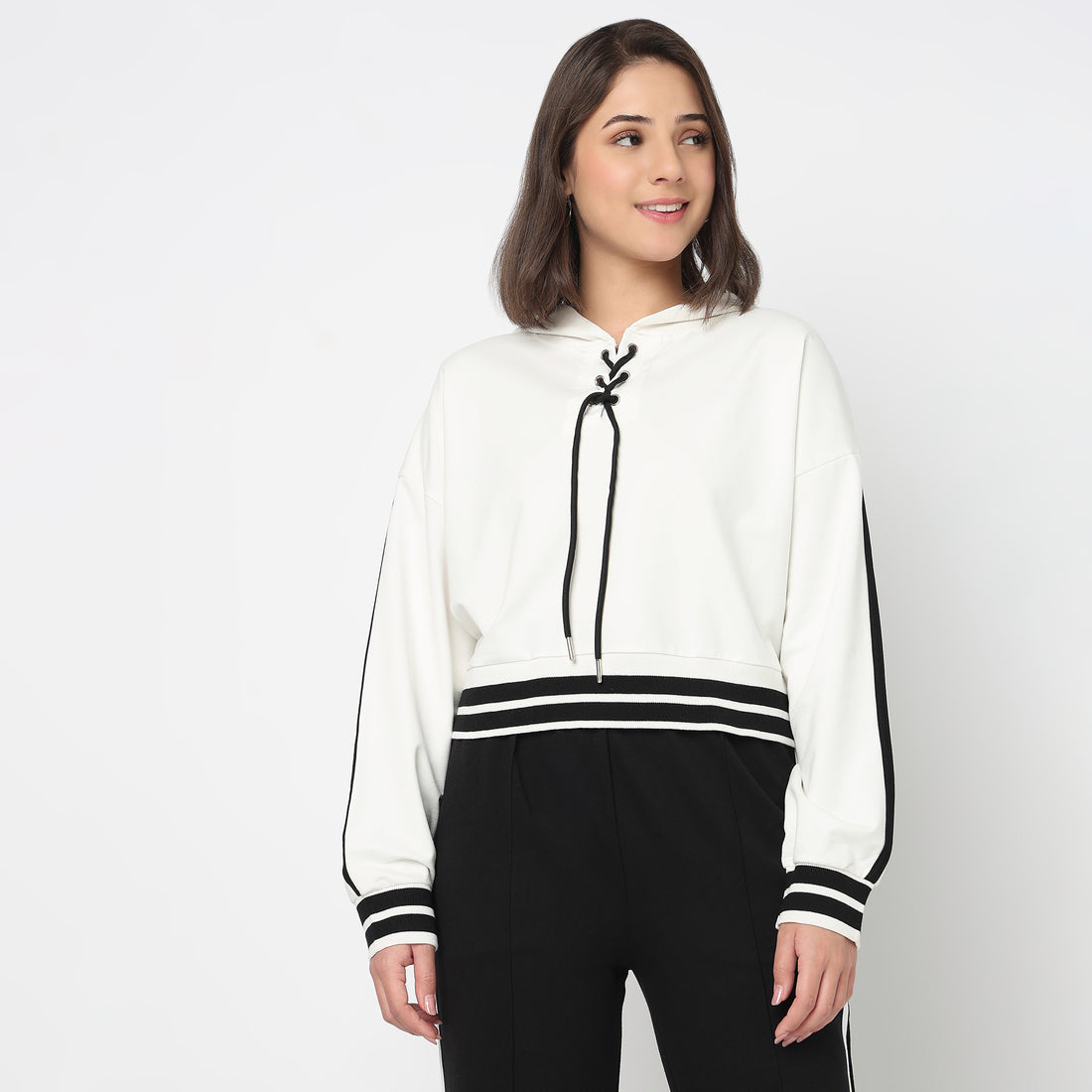 Boxy Fit Sweat Tee With Lace-Up Neckline