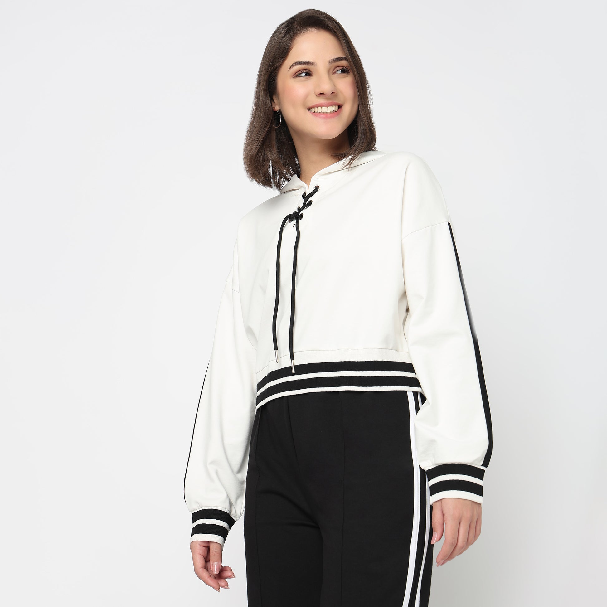 Boxy Fit Sweat Tee With Lace-Up Neckline