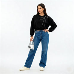 Embellished Oversize Studded Bow Sweat Tee