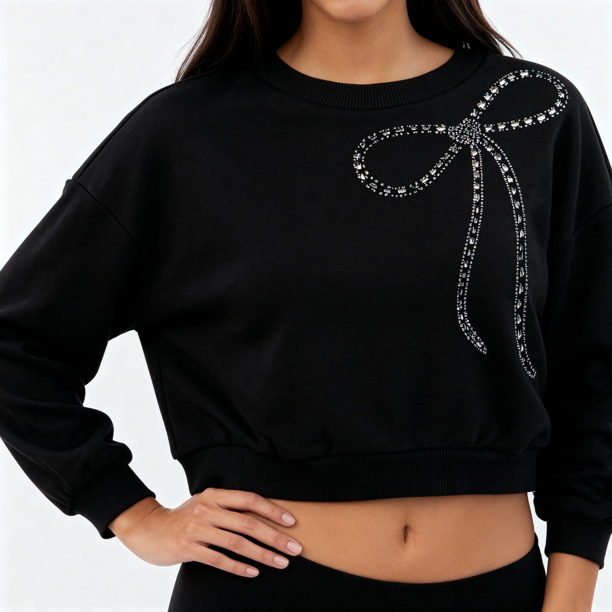 Embellished Oversize Studded Bow Sweat Tee