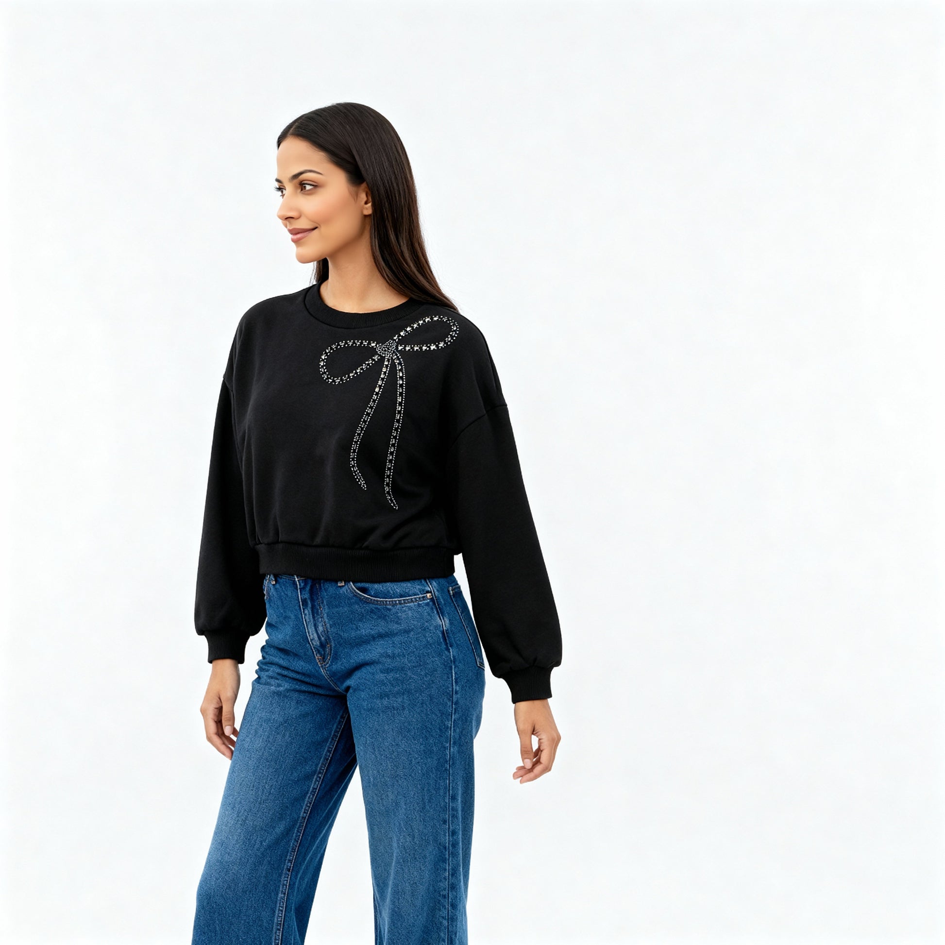 Embellished Oversize Studded Bow Sweat Tee