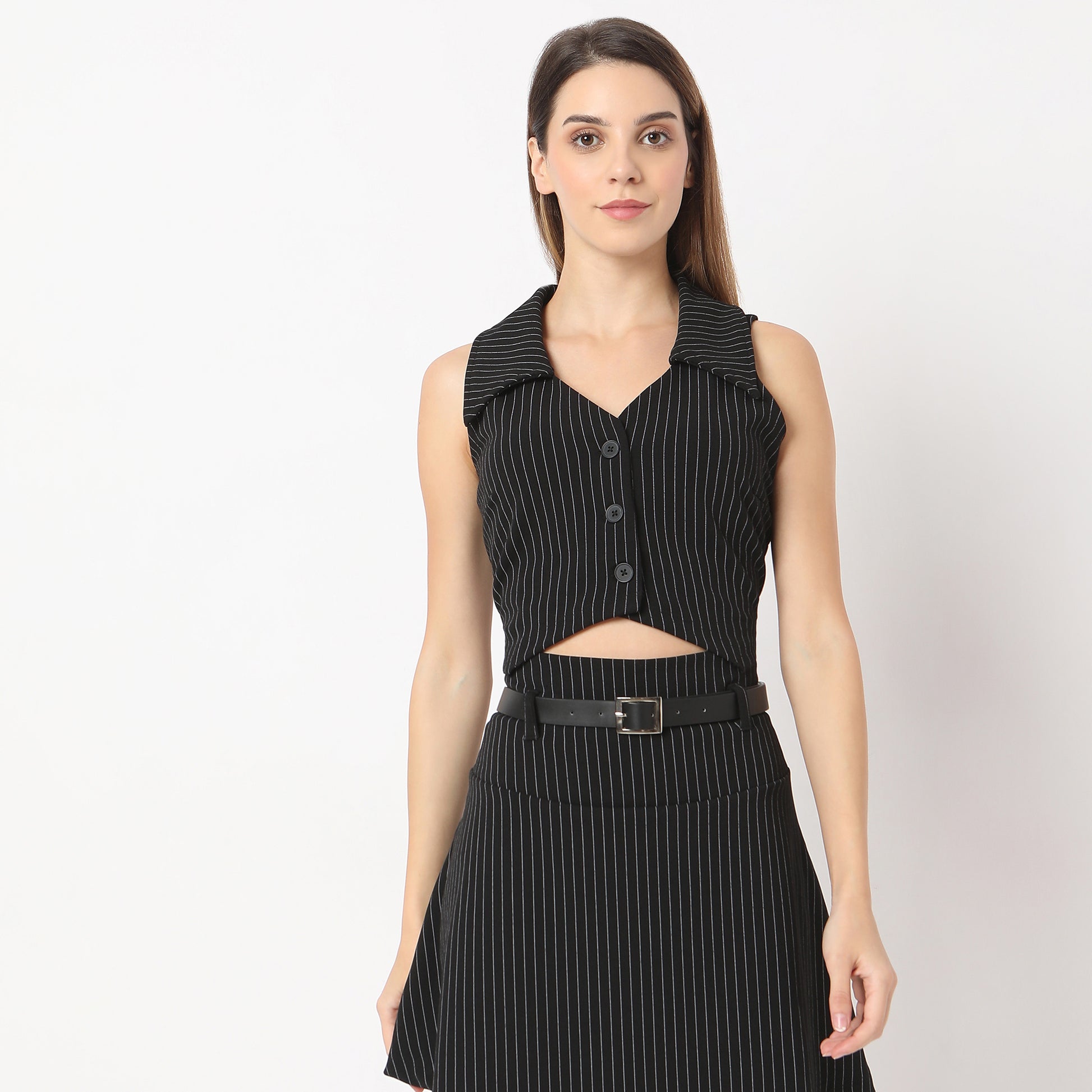 Striped V Neck Lapel Collar Betty Vest Sleeveless with Button Opening Top