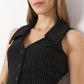 Striped V Neck Lapel Collar Betty Vest Sleeveless with Button Opening Top