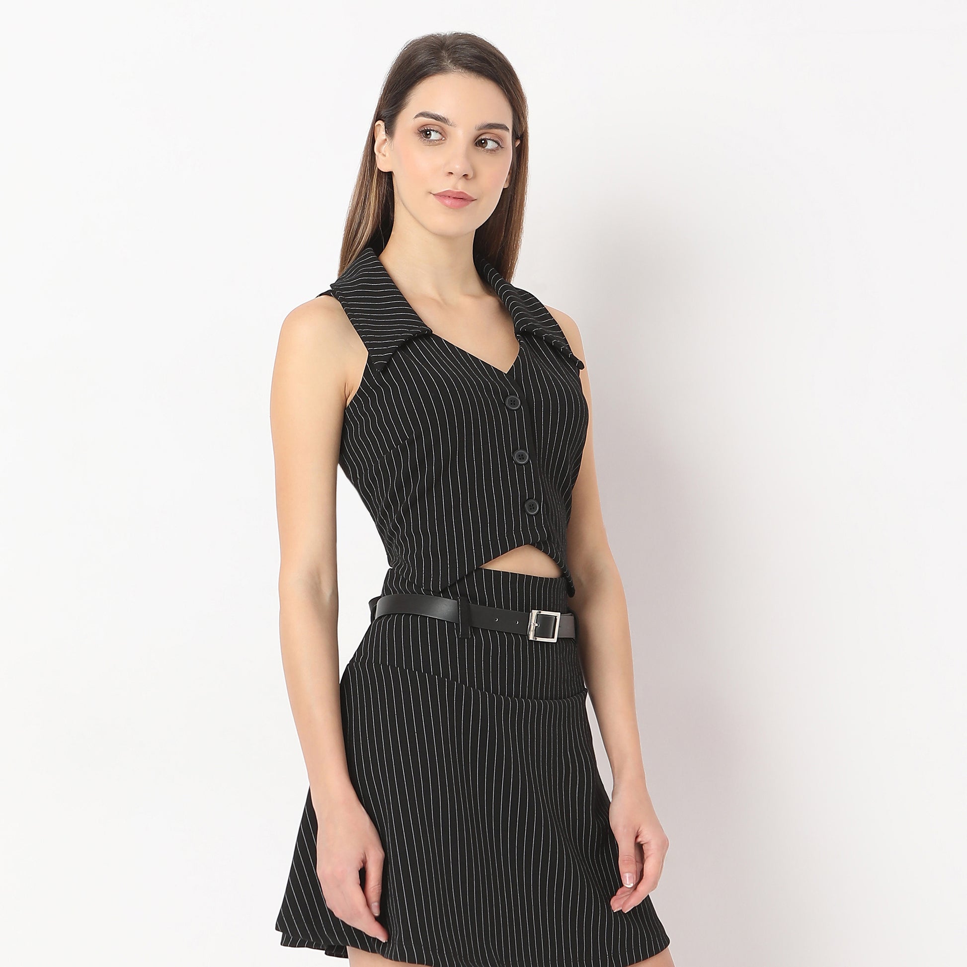 Striped V Neck Lapel Collar Betty Vest Sleeveless with Button Opening Top