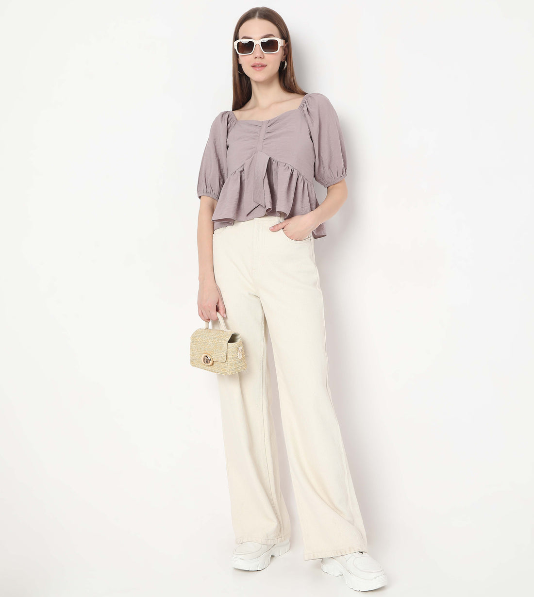 Sweetheart Neck Back Ruched Smocking Peplum Top