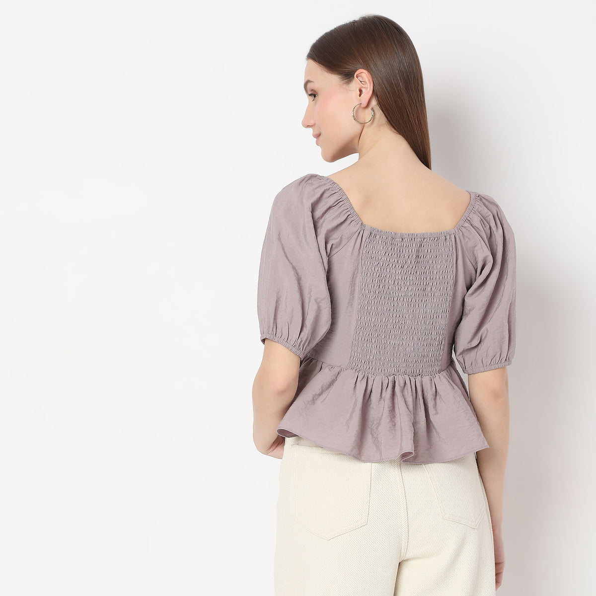 Sweetheart Neck Back Ruched Smocking Peplum Top