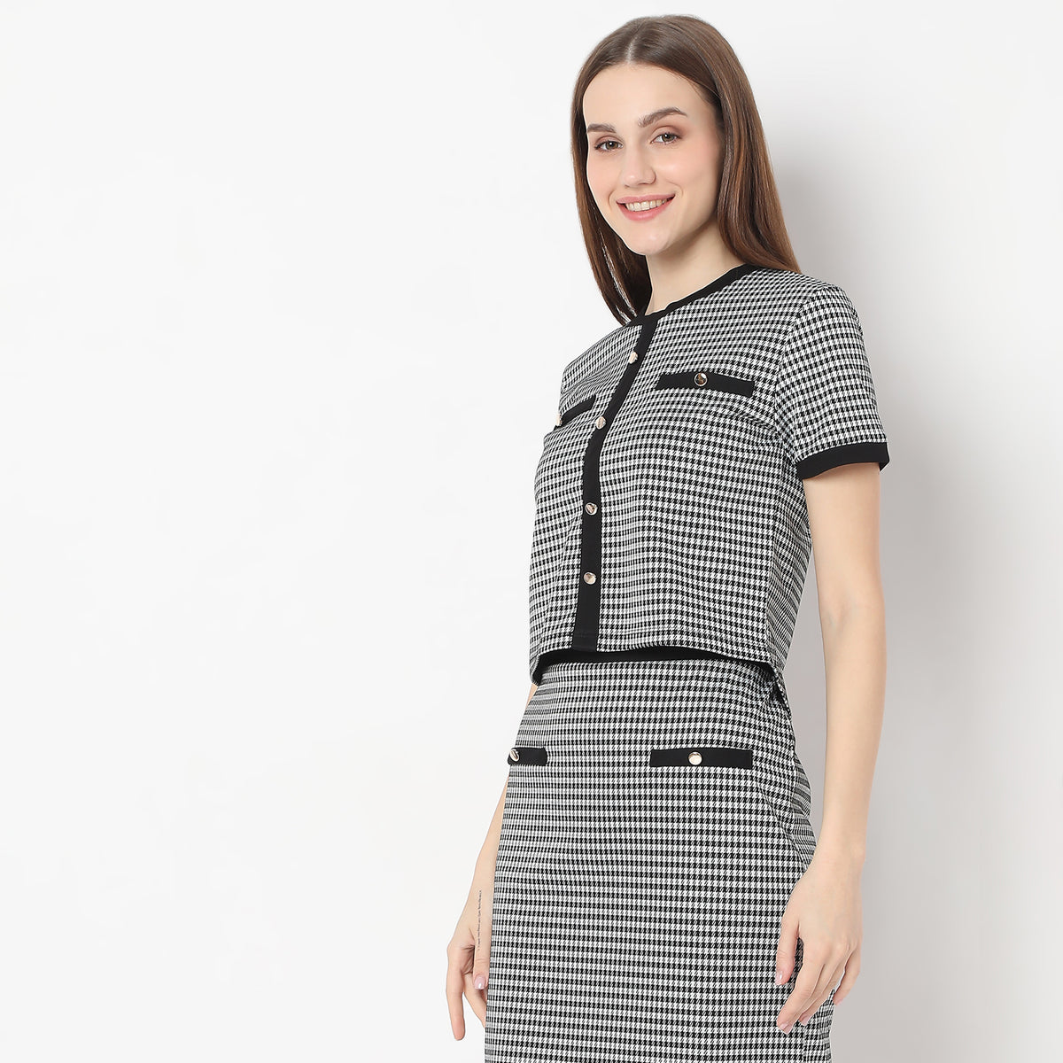 Houndstooth Checkered Front Pocket with Button Detailing Crop Top